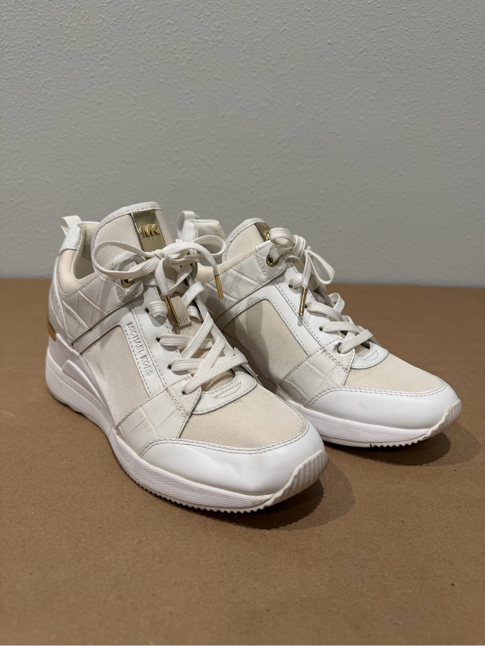 Michael Kors Cream and Gold Wedge Lace-Up Sneakers